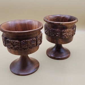 Monkey Pod Wood Goblet Tiki Hawaiian Carved MCM Aloha Chalice Cup Set of 2 Vtg